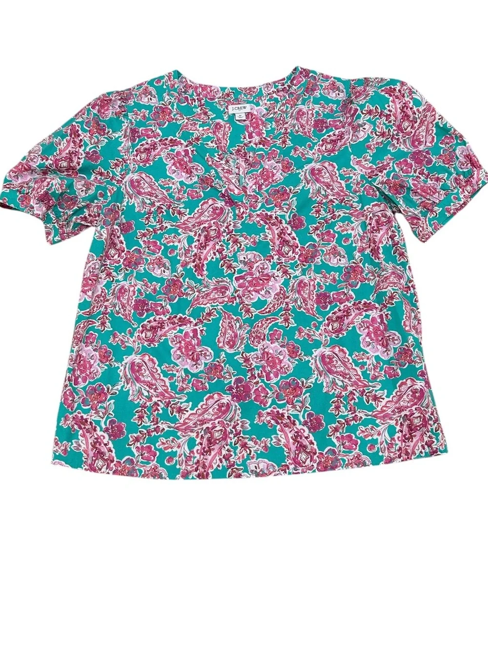 J. Crew Teal Split-Neck puff sleeve Blouse with Pink floral Print cotton medium